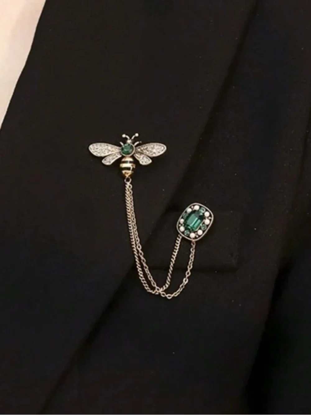 Gold Bee Double-Chain Brooch with Emerald Oval Accent